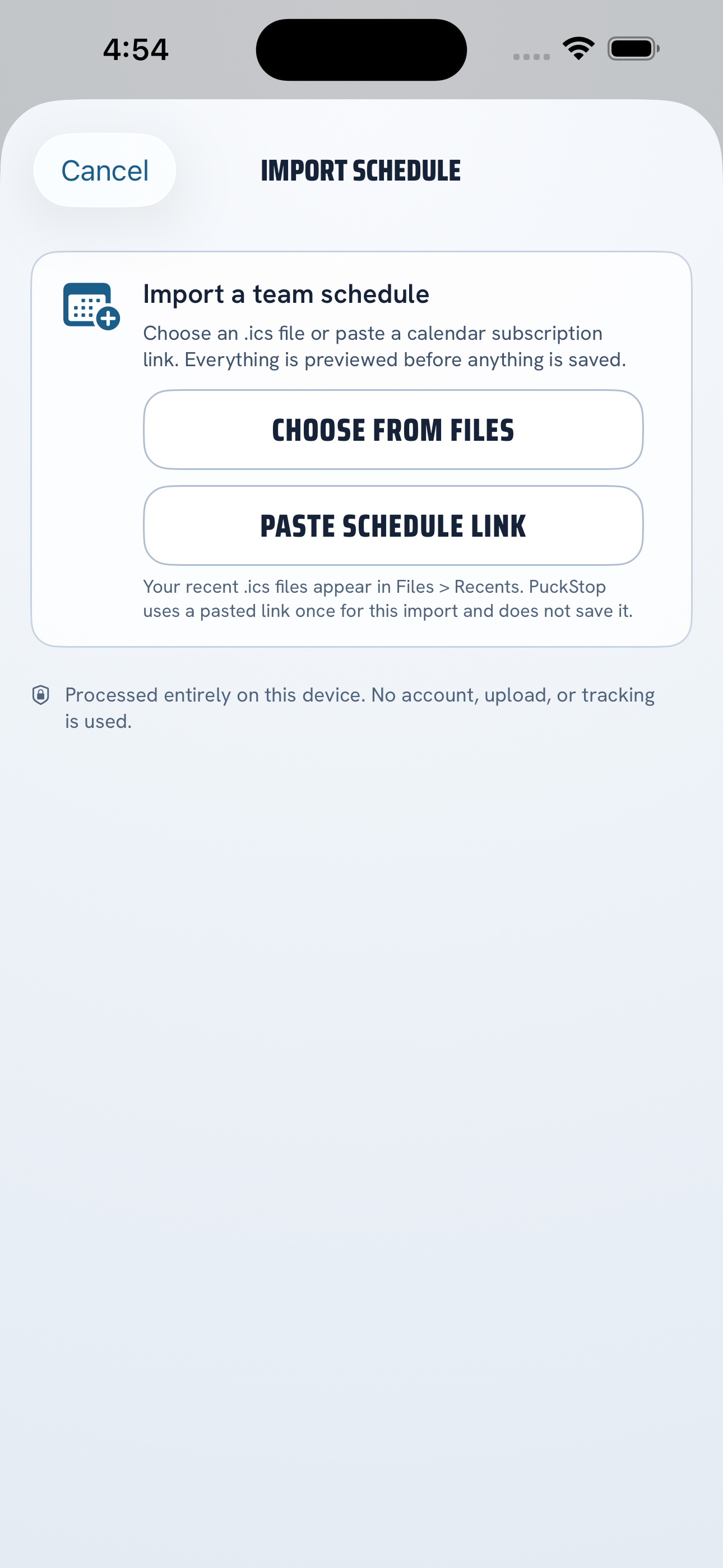 PuckStop Import Schedule screen with file and pasted link choices